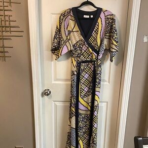 New York & Company Yellow and Purple Long Sleeve Dress